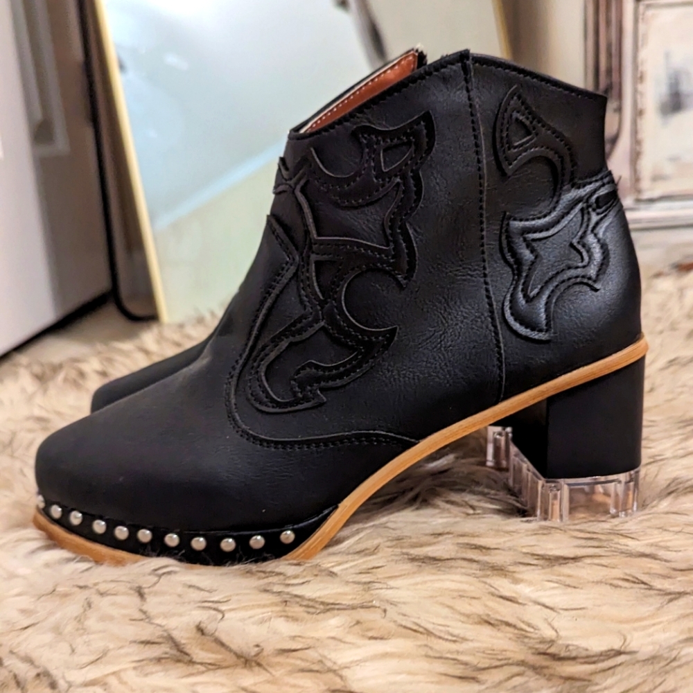 Embroidered black western ankle boots
